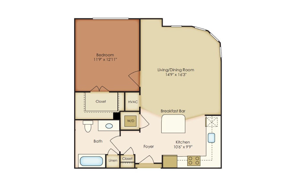 Chase - 1 bedroom floorplan layout with 1 bath and 734 square feet.