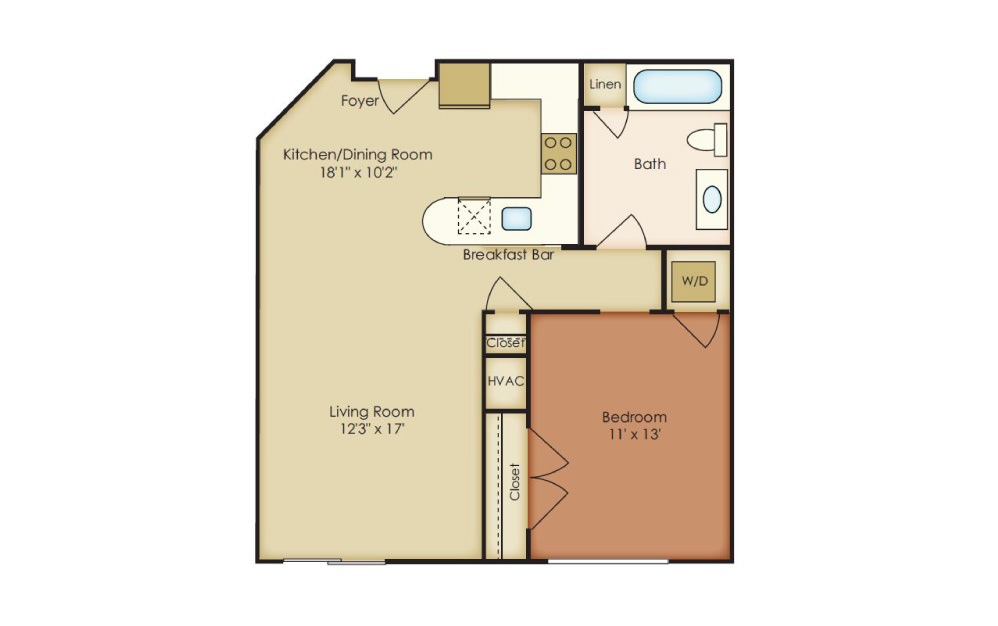 Clement - 1 bedroom floorplan layout with 1 bath and 738 square feet.