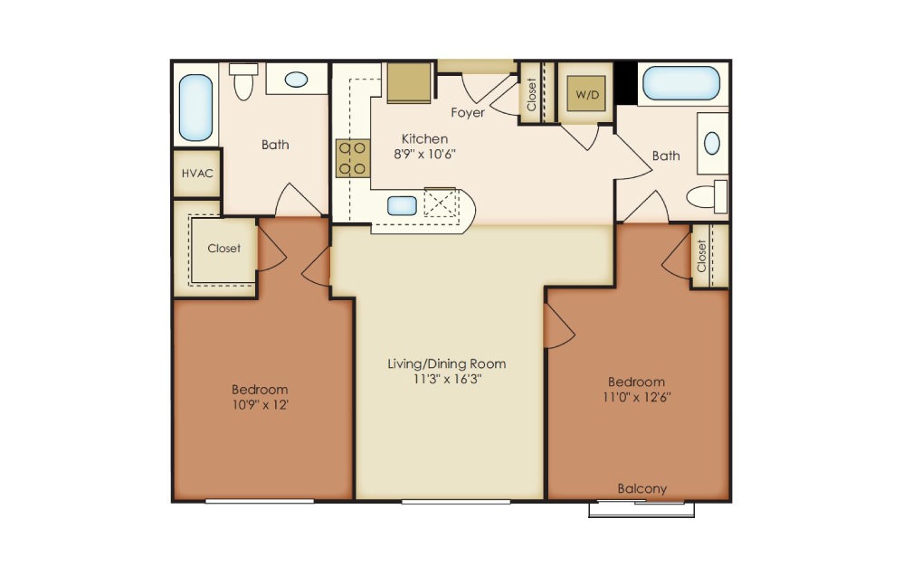 Pratt - 2 bedroom floorplan layout with 2 baths and 980 square feet.