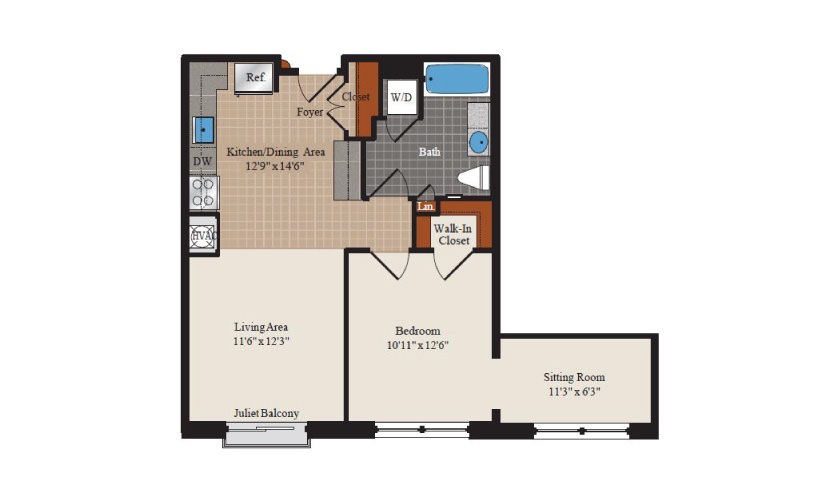 Benjamin - 1 bedroom floorplan layout with 1 bathroom and 722 square feet