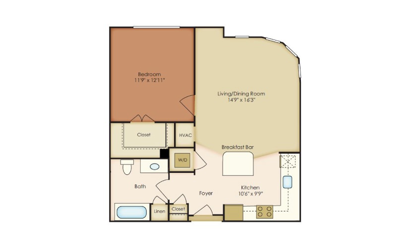 Chase - 1 bedroom floorplan layout with 1 bathroom and 734 square feet