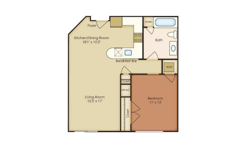 Clement - 1 bedroom floorplan layout with 1 bathroom and 738 square feet