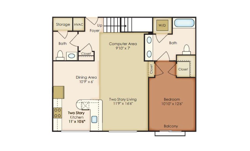Hall - 2 bedroom floorplan layout with 2 bathrooms and 1591 - 1620 square feet