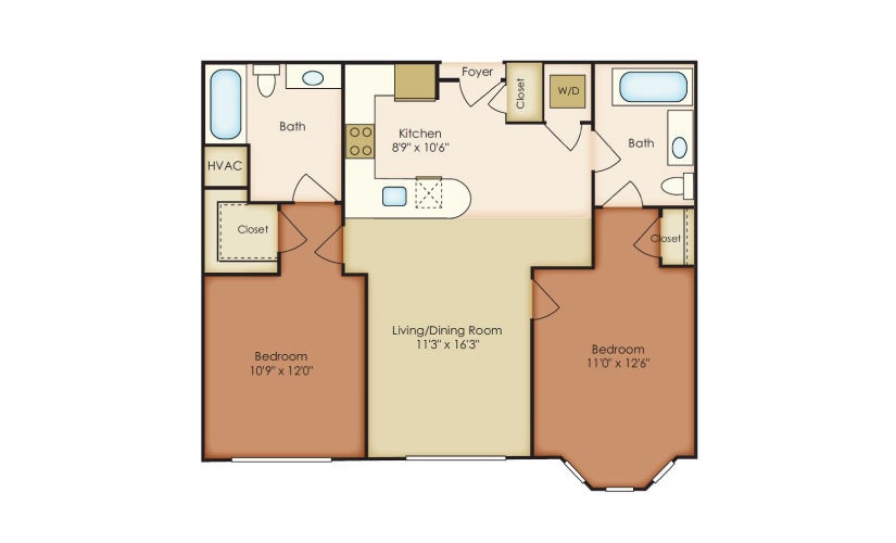Harper - 2 bedroom floorplan layout with 2 bathrooms and 994 square feet