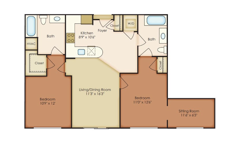 McComas - 2 bedroom floorplan layout with 2 bathrooms and 1055 square feet